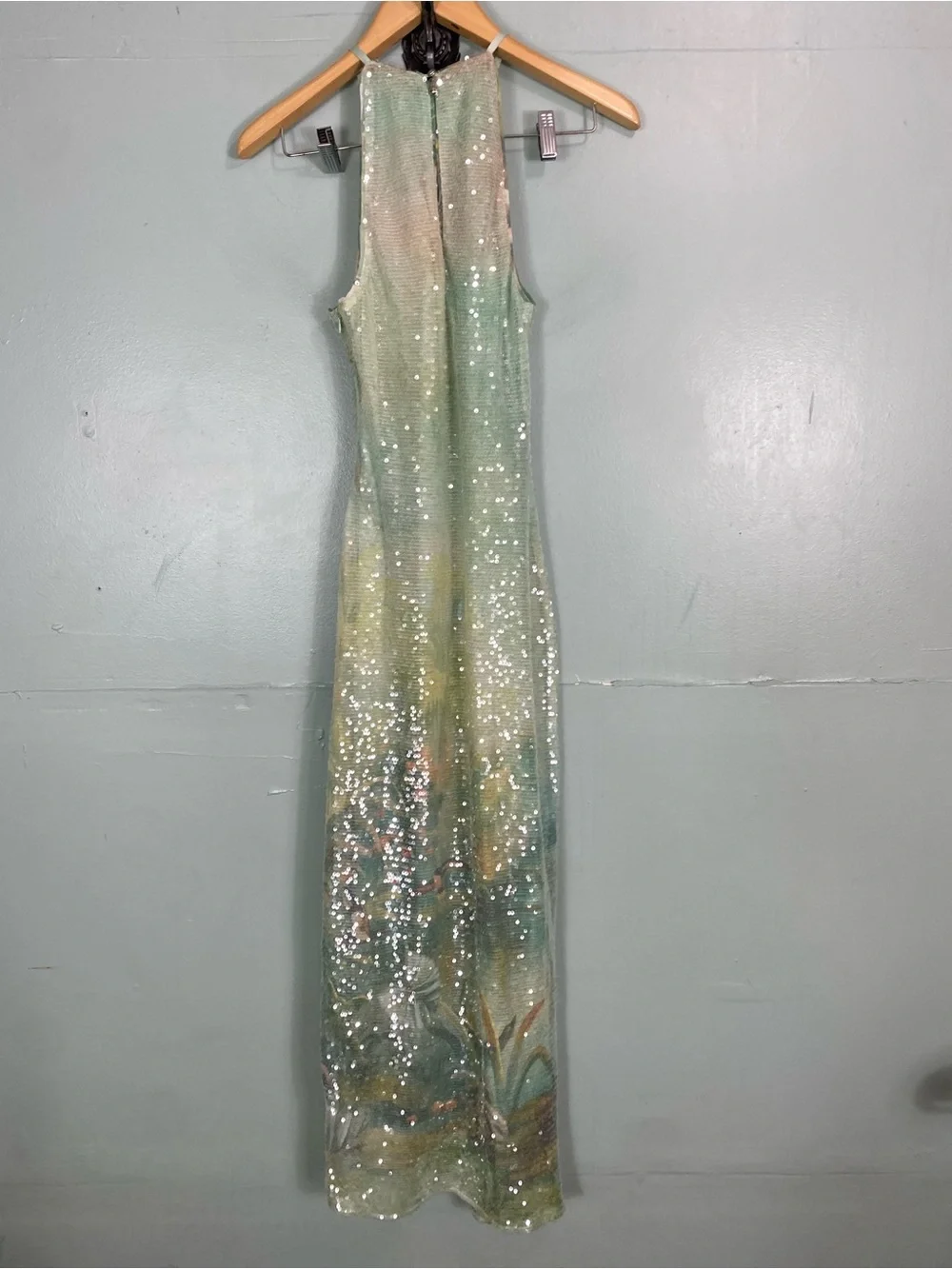 BHLDN Paulina Halter Printed Sequin Midi Dress Green Bird Small